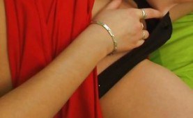 Cutie rubs her shaved pussy