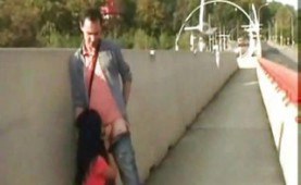 Old guy having sex with a girl in public