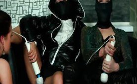 Dressed and masked ladies toying pussies