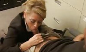 Mature boss strips and sucks at the office
