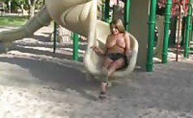 Sadie flashing in a coffeeshop and on a playground