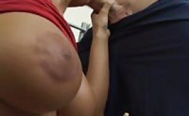 Big boobed babe nailed in the gym