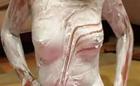 Asian teen covering herself in shaving cream 