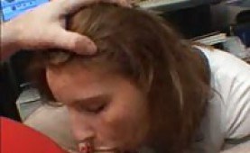 Redhaired teen sucking cock and tasting cum