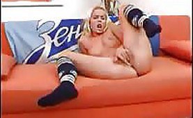 Blonde soccer babes strips and fingers herself