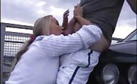 Horny blonde giving him a hot blowjob