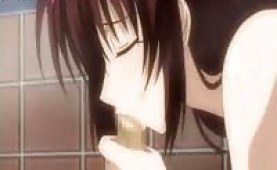 Busty hentai cutie sucking a hard dick and gets jizzed