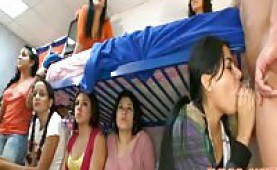 College girls having fun with a male stripper in the dorm room