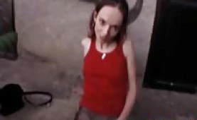 Skinny redhead paid to suck cock in public