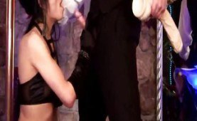 Babe sucking cock while doing a huge dildo