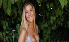 Skinny blonde sucking a big black cock