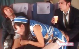 Asian stewardess fucked by two pilots