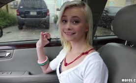 Petite babe Maddy Rose hitch hikes and have sex at the back seat