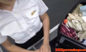 Pawnshop girl blows schlong and gets railed 