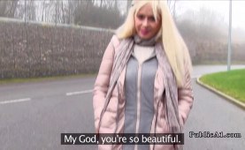 blonde gets penis between massive knockers in public