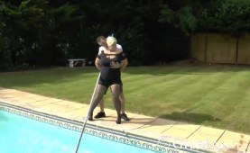 fair-haired gilf gives bj to lustful pool hunk