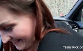 Chesty hitchhiker pussy pumped from behind