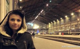 Cute brunette flashing tits in public