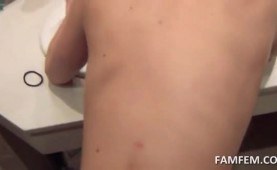 Tattooed brunette banged over bathroom sink