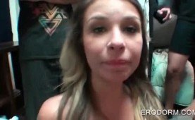 College chicks deep throated in dorm room orgy