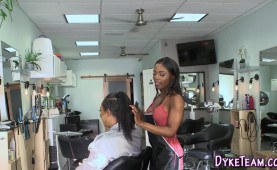 Ebony lesbian squirting in shop