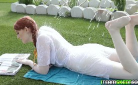 Redhaired teen lets the stud have fun