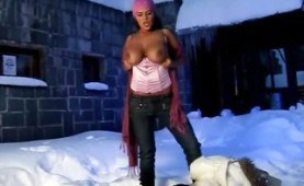 Big titted babe stripping in the snow