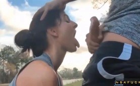 French milf outdoor blowjob cum in mouth