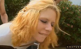 Striking blonde milf hangs on for a hardcore cuckold fucking