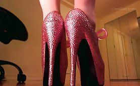 Pantyhose and pink crystal high heels