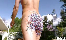 Brad finishes by spraying Nicole  with a grand finale of cum