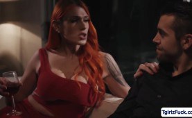 Busty redhead ts Aspen Brooks barebacks dudes ass doggystyle