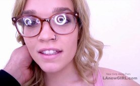 Blonde with glasses makes hard cock cum in studio
