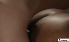 Busty shemale licks and bareback fuck her fat stepfather