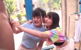 Shy Japanese Beauties Handjob To Stranger In Glass Room 