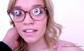 Hot Babe sucks big cock at audition wearing glasses