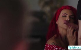 Busty ts Foxxy blowjobs and anal barebacked as husband watch