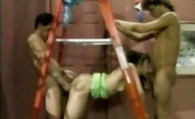 Reto threesome on a stepladder
