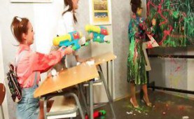 Schoolgirls shoot the teacher with goo